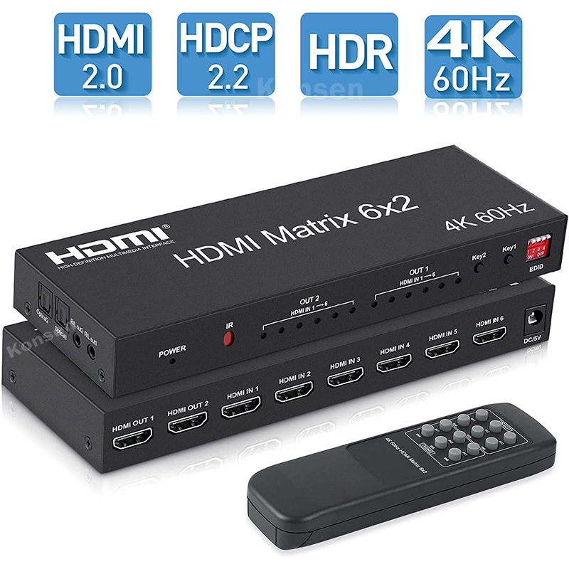 4K 60hz 6x2 HDMI 2.0 Matrix 6 IN 2 OUT HDMI Splitter Switch 4x2 HDMI Matrix Audio Video Converter EDID for Laptop PC TV Monitor